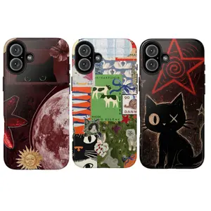 Gothic Black Cat Phone Case Cute Cat Art Aesthetic – Dark Vintage Celestial Moon Collage Design, Polka Dot Background, Creepy Cute Illustration Case for 11, 12,13, 14, 15, 16, 17 – Indie Witchy Style Cute Case Gift for Her & Him