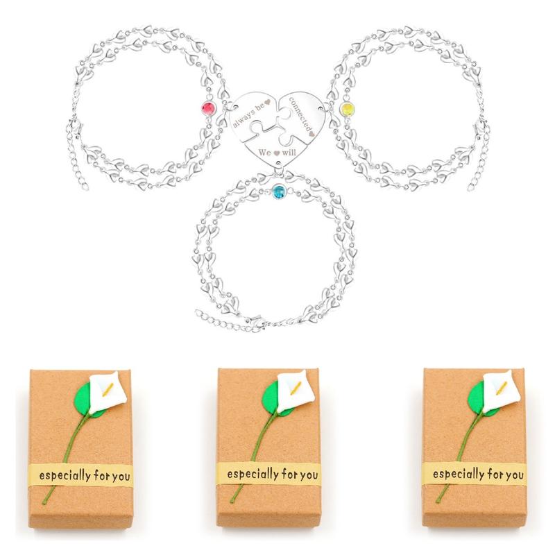 Uloveido Personalized 3 Pieces BFF Heart Puzzle Bracelets with 3 Gift Boxes – Custom Name Stainless Steel Matching Friendship Bracelets for 3 Best Friends