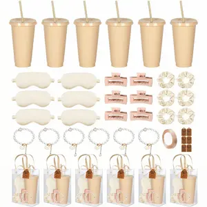Satin Flower Bridesmaid Proposal Gift Set (6-Piece), Women's Party Favors with 24oz Reusable Tumblers-Lids-Straws, Sleep Masks, Hair Clips, Scrunchies, Bracelets for Bridal Shower Wedding Gift Bags
