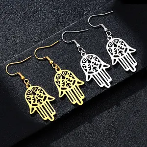 A pair of simple stainless steel Hamsa palm pendant earrings