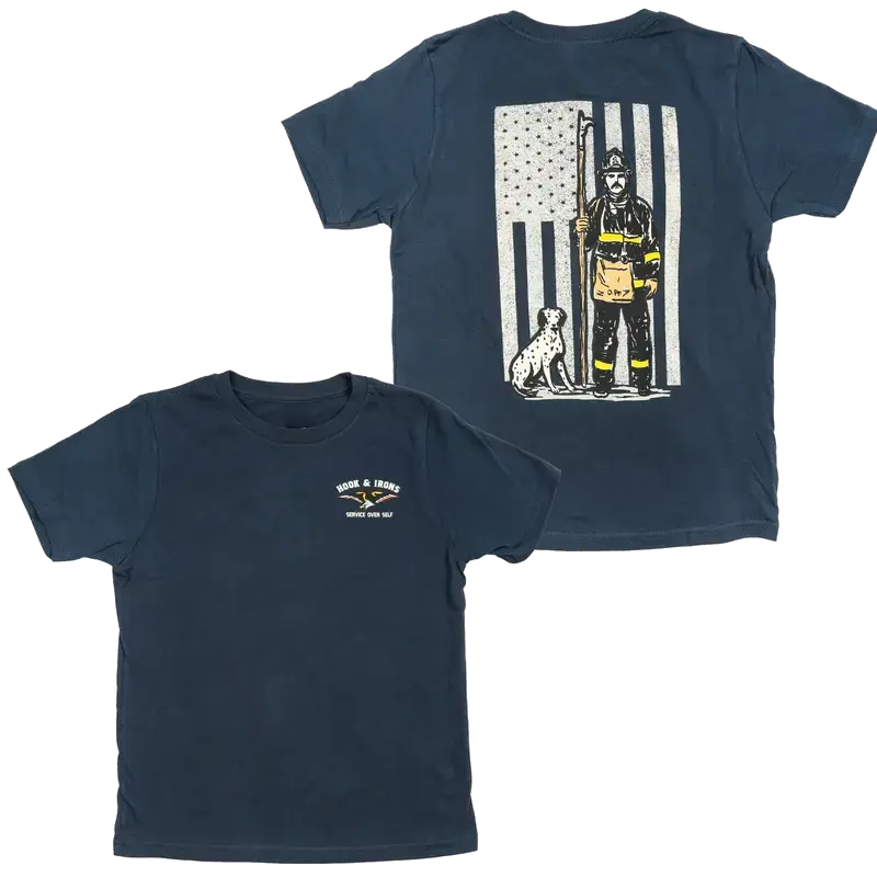 Hook & Irons Firefighter T-Shirt – American Flag & Dalmatian Dog Graphic Tee, Premium Unisex Cotton Fire Dept Apparel, Meaningful Gift for Firemen & Emergency Responders, Menswear Top Streetwear Casual