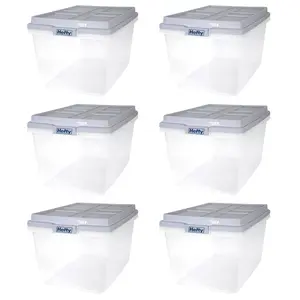 Hefty 72 Qt Hi-Rise Stackable Plastic Storage Bin with Lid, 6 Pack, Quarry Gray