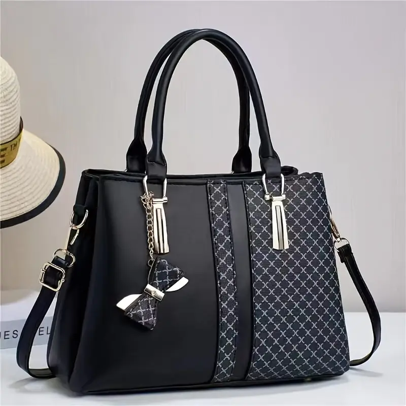 Women's Chic PU Leather Multi-Compartment Handbag - Geometric Plaid, 3-Compartment Composite Leather High-Capacity Bag with Zipper Closure, Khaki/Green/Black, Adult Party & Housewarming Gifts
