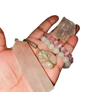 Ken Authentics Heart Healer Rose Quartz Crystal Jewelry Set Bundle with Tree of Life Pendant Cats Eye Bracelet & Tower for Meditation Healing