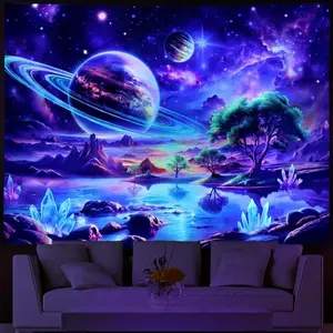 Blacklight Galaxy Space Tapestry UV Reactive Planet Wall Hanging Magical Trees Tapestries Cosmic Mountain Landscape Wall Decor Aesthetic Starry Night Backdrop for Bedroom  Tapestry