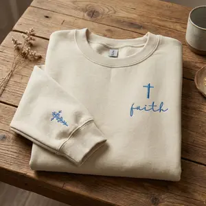 Embroidered Faith Cross Sweatshirt, Minimal Christian Hoodie, Script Faith Crewneck, Meaningful Gift for Her