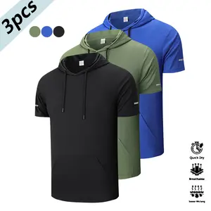 Pack of 3, Casual Men's Quick-Dry Hooded Short Sleeve, Comfortable & Breathable, Reflective Strips on Side Panels, Slant Patchwork Kangaroo Pocket Fashion Sports Jacket, Suitable for Casual Gatherings, Vacation Travel