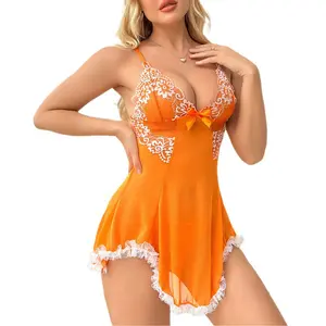 Women's Orange Contrast Lace Bow Decor Cami Nightdress with Thong Comfort Night Gown for Women Spaghetti Strap Backless Elegant Silky Design Green Glam Womenswear Loungewear Fitted Sleeveless Nightwear Night Gown Women Homewear Minimalist Breathable Mesh