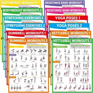 12 count Workout Posters for  Gym Dumbbells, Bodyweight, Stretching, Resistance Bands, Yoga, Kettlebells Exercise Chart Full  Workout Poster Set  Engagement Chart Garage Gym Decor