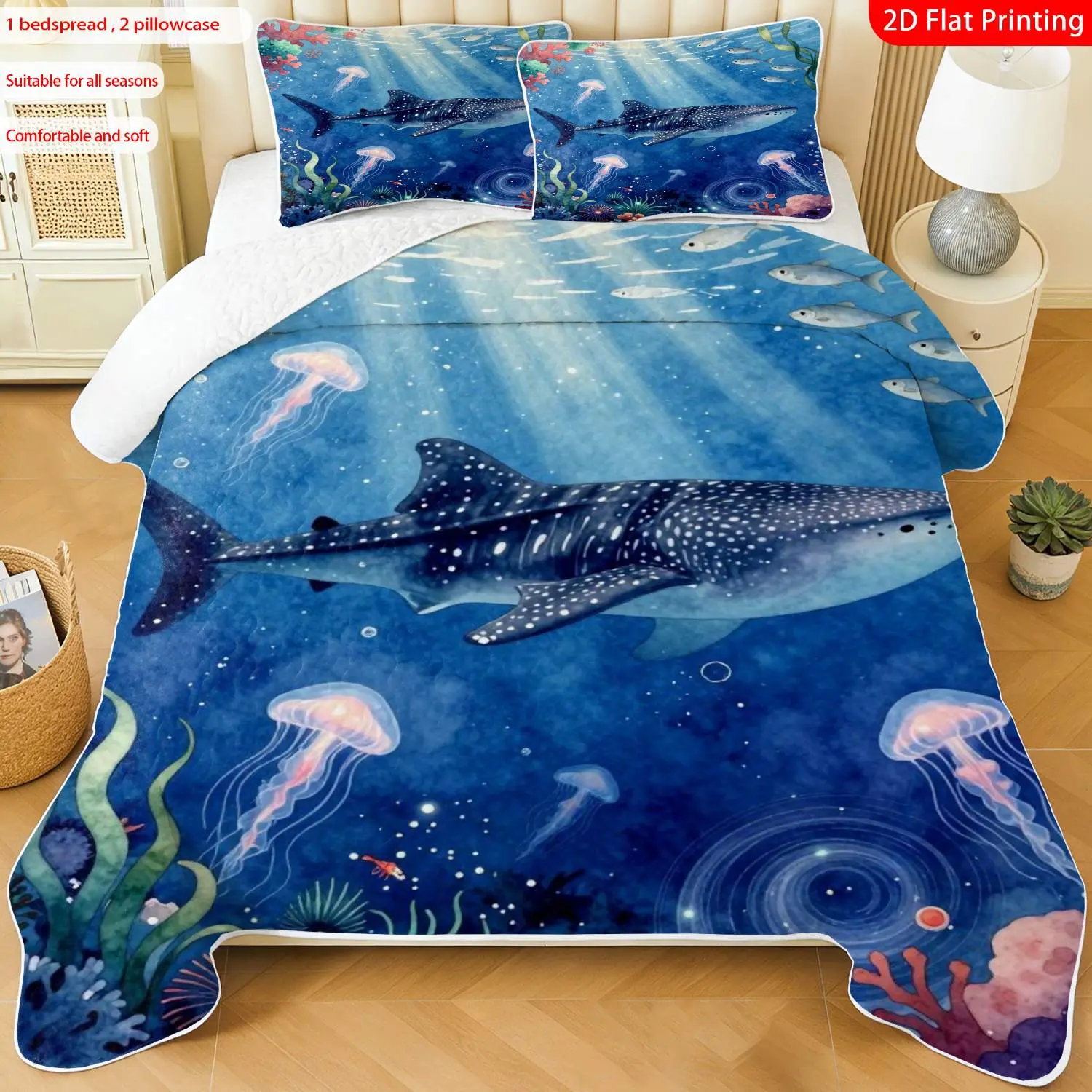 3pcs, 2D flat print Watercolor Ocean Shark Quilted Bedspread Set multiple sizes available, bedding set, festive decorative bedding, ideal for bedroom décor(1 bedspread , 2 pillowcase)