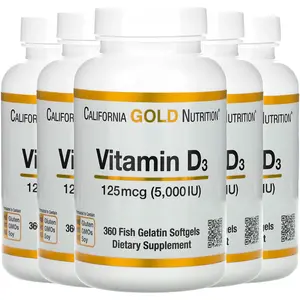 California Gold Nutrition Vitamin D3, 125 mcg (5,000 IU), 360 Fish Gelatin Softgels, 5 Pack