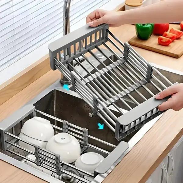 Adjustable Immersion Sink Dish Drying Rack with Stainless Steel Drain Basket, Retractable Organiser with Anti-Rust Extendable Draining Boards for Fruits & Vegetables, Portable Space-Saving Solution