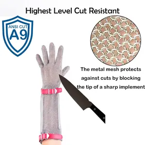 15cm Long Chainmail Glove for Butcher, Stainless Steel Mesh Gloves Highest Level Cut Resistant Glove with Plastic Strap (S)