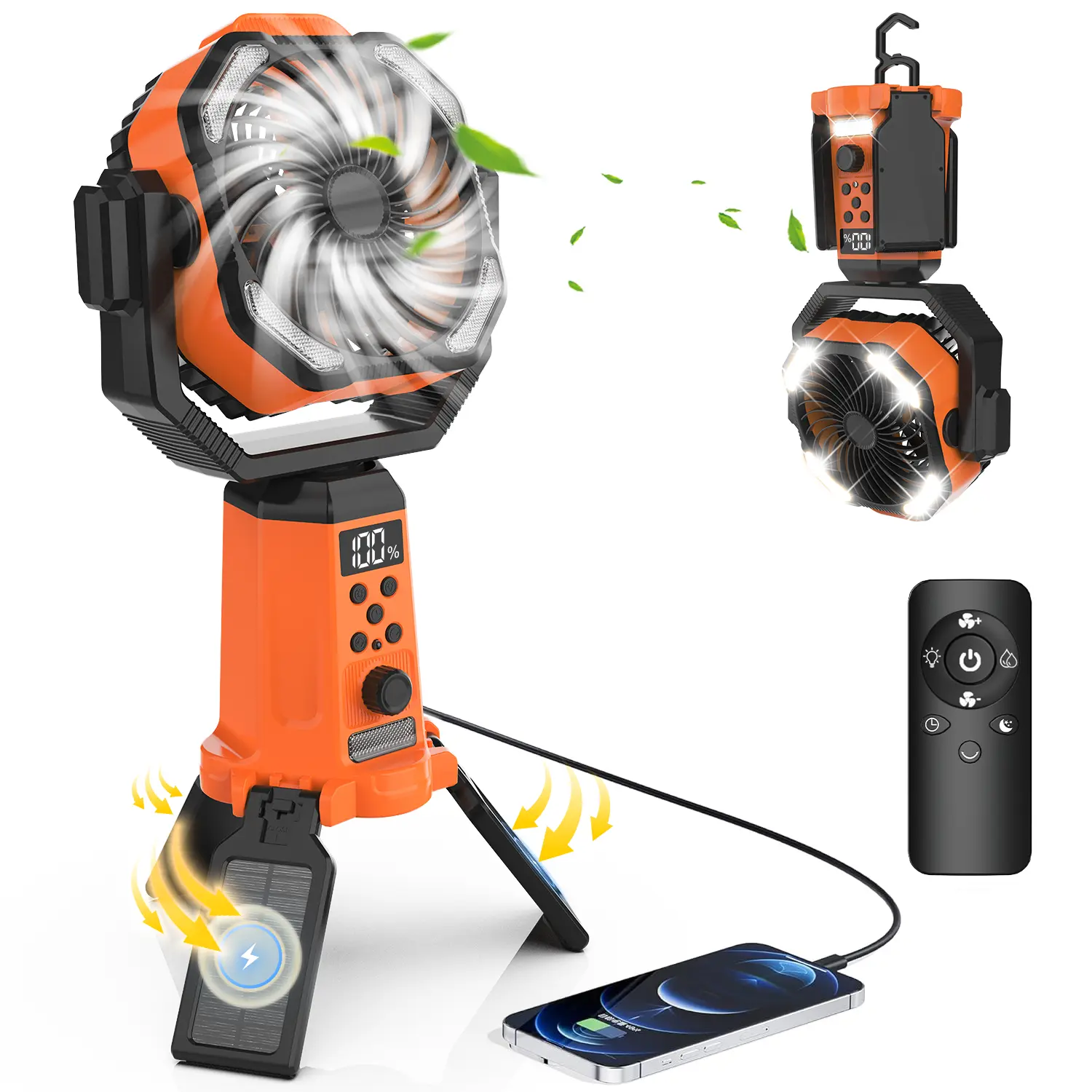 20000mAh Solar Camping Fan with Stand, Rechargeable Battery Operated Oscillating Fan with Remote&LED Light, Height Adjustable Tent Fan, Timer, Hook, Portable Tent Fan for Picnic travel