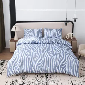 3-Piece Blue Striped Bedding Set, Zipper Closure, Soft Breathable, Suitable for Bedroom Guest Room Dormitory, All Seasons Use, Breathable Duvet Set