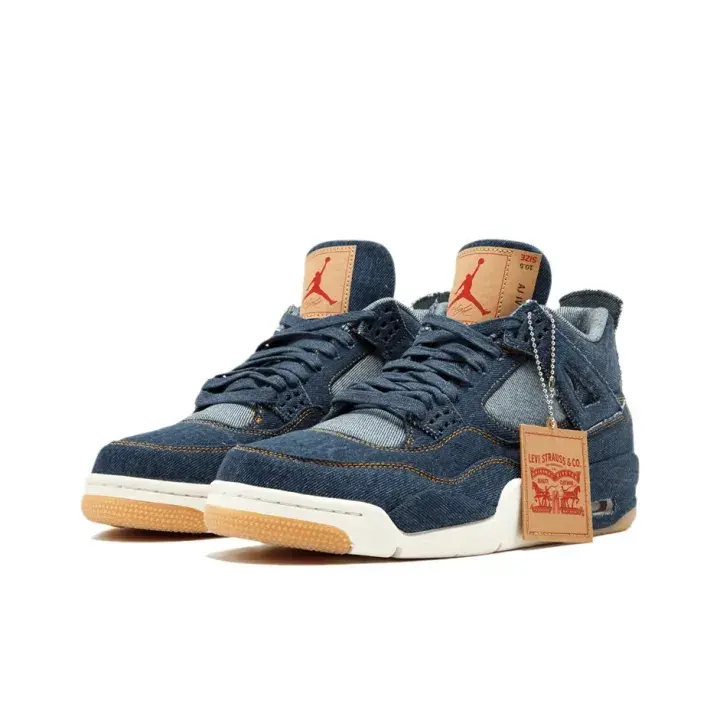 Dark blue denim woven upper high top sneakers tan leather tongue patch gum rubber outsole off-white midsole stitched seam detailing breathable mesh panel casual street kicks