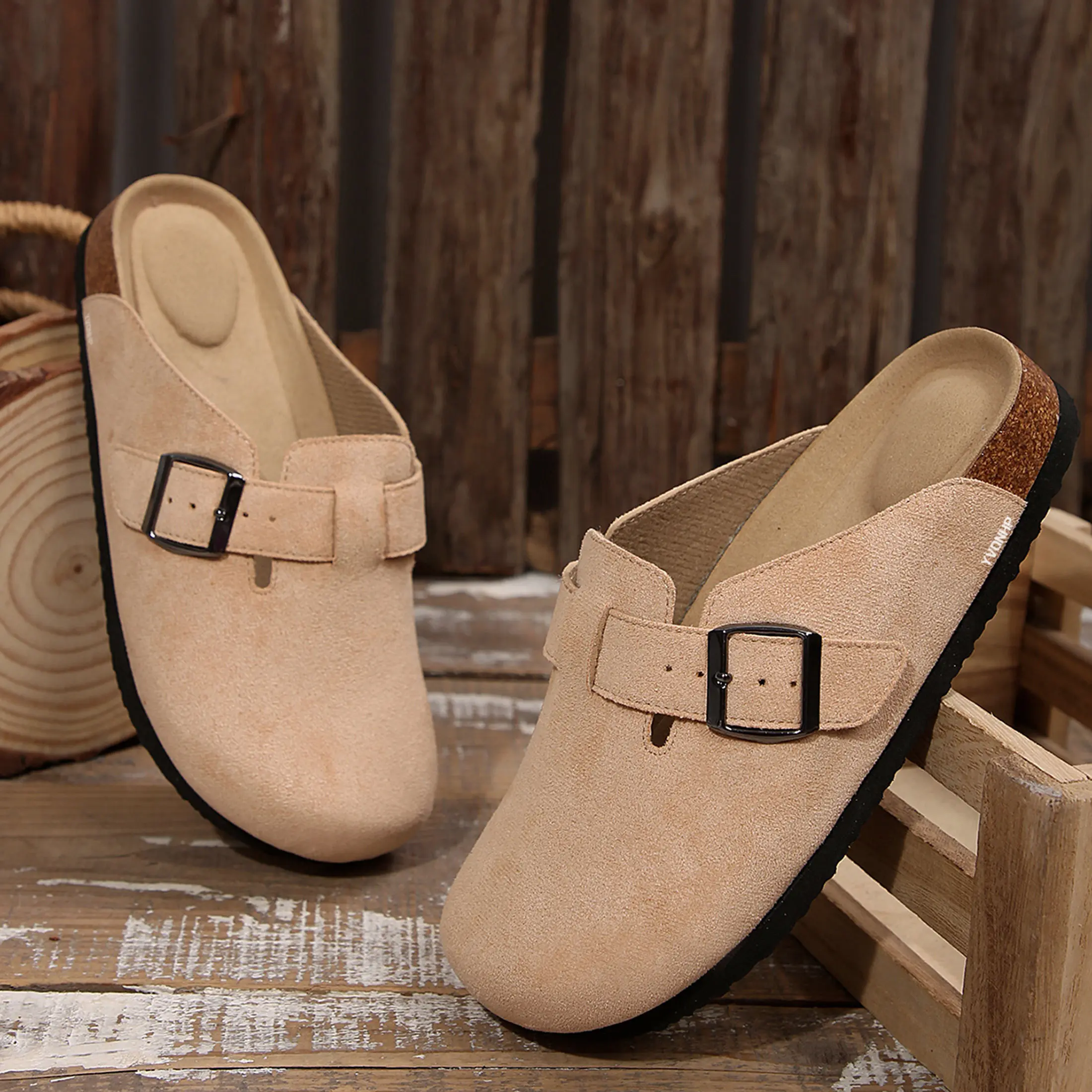 Casual Chic Women's Sandals Suede Clog Cork Footbed Mules Slippers Adjustable Buckle Slip-on Potato Shoes