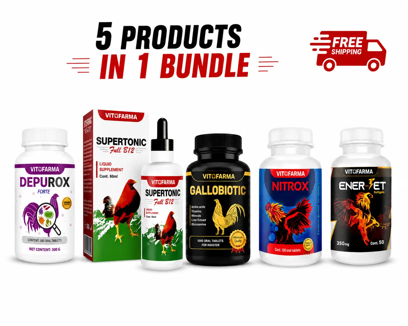 Vitofarma PREMIUM POULTRY NUTRITION PACK | Depurox Forte + SUPERTONIC Full B12 + Gallobiotic + Nitrox + Ener-jet