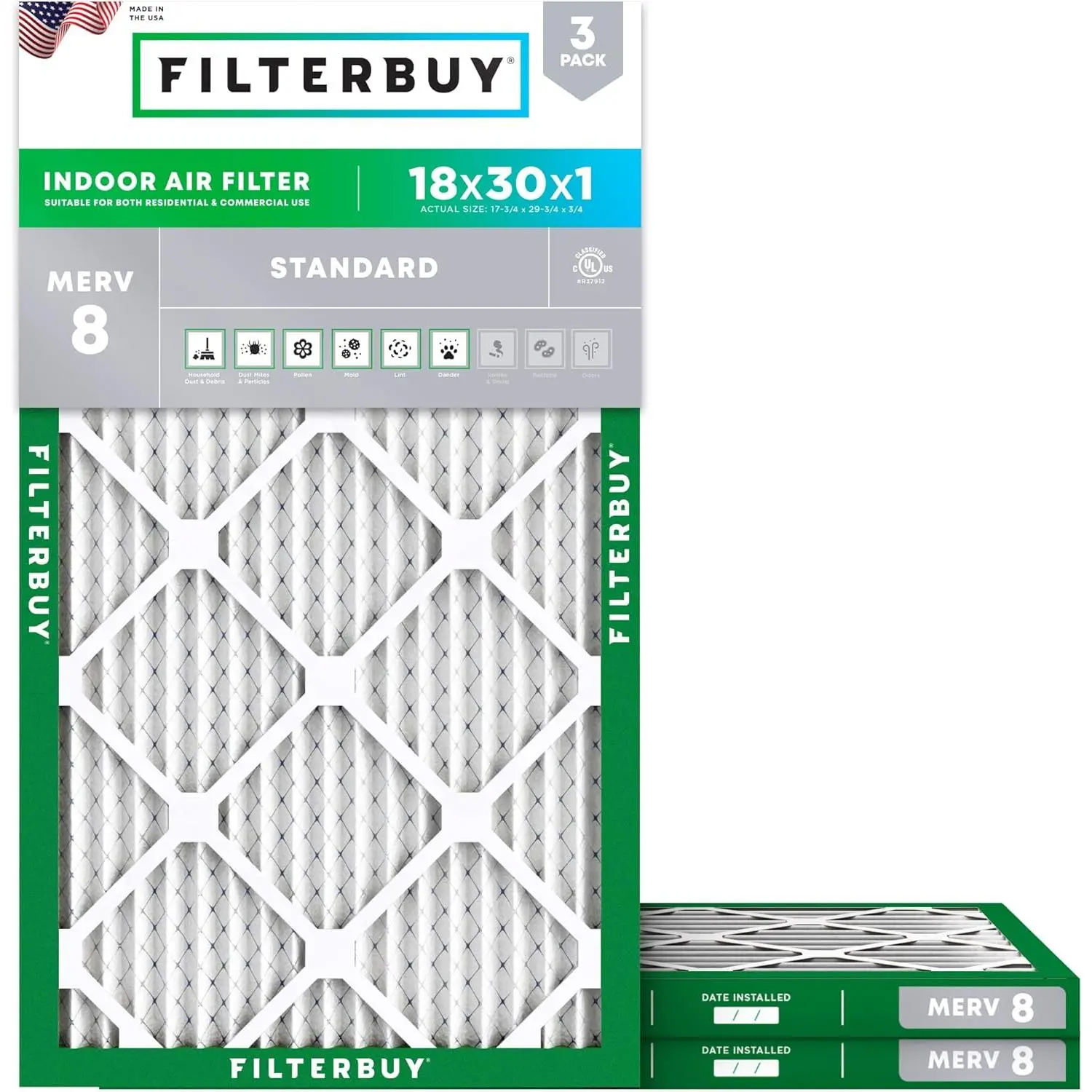 Filterbuy 18x30x1 In HVAC AC Furnace Replacement Air Filters (3-Pack), Pleated MERV 8 Dust Defense (Actual Size: 17.75x29.75x0.75 In), Replacement Parts