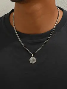 Men's Stainless Steel Cuban Link Necklace, Classic Round Shield Pendant, Hip Hop Vintage Style, Perfect Gift for Boyfriend or Father