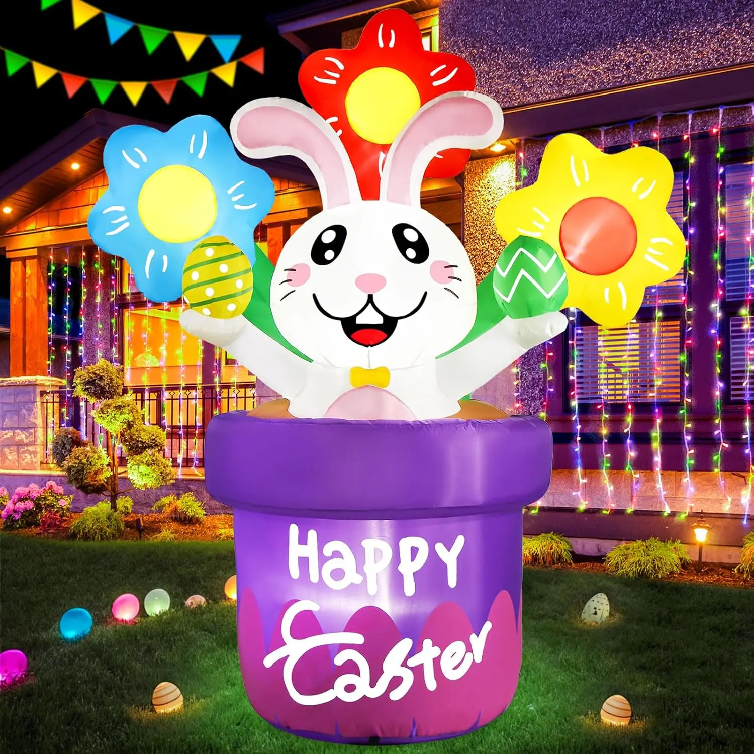 Easter Inflatables Outdoor Decorations 5.5ft Inflatable Easter Bunny Basket with Flowers Eggs Rabbit Blow Up Yard Decor Led Lights Holiday Blow Ups Indoor Outside for Lawn Party Garden Spring