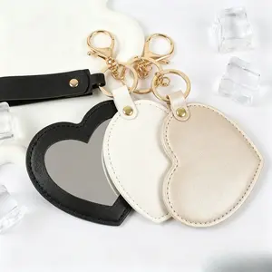 3PC Heart-Shaped Rotatable Foldable Mirror Leather Edge Portable Trendy Keychain Compact Makeup Mirror