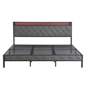 King/Queen/Full/Twin Bed Frame with Storage Headboard Charging Station and LED Lights Upholstered Platform Bed with Heavy Metal Slats Noise Free Gray Color Easy Assembly Modern Style