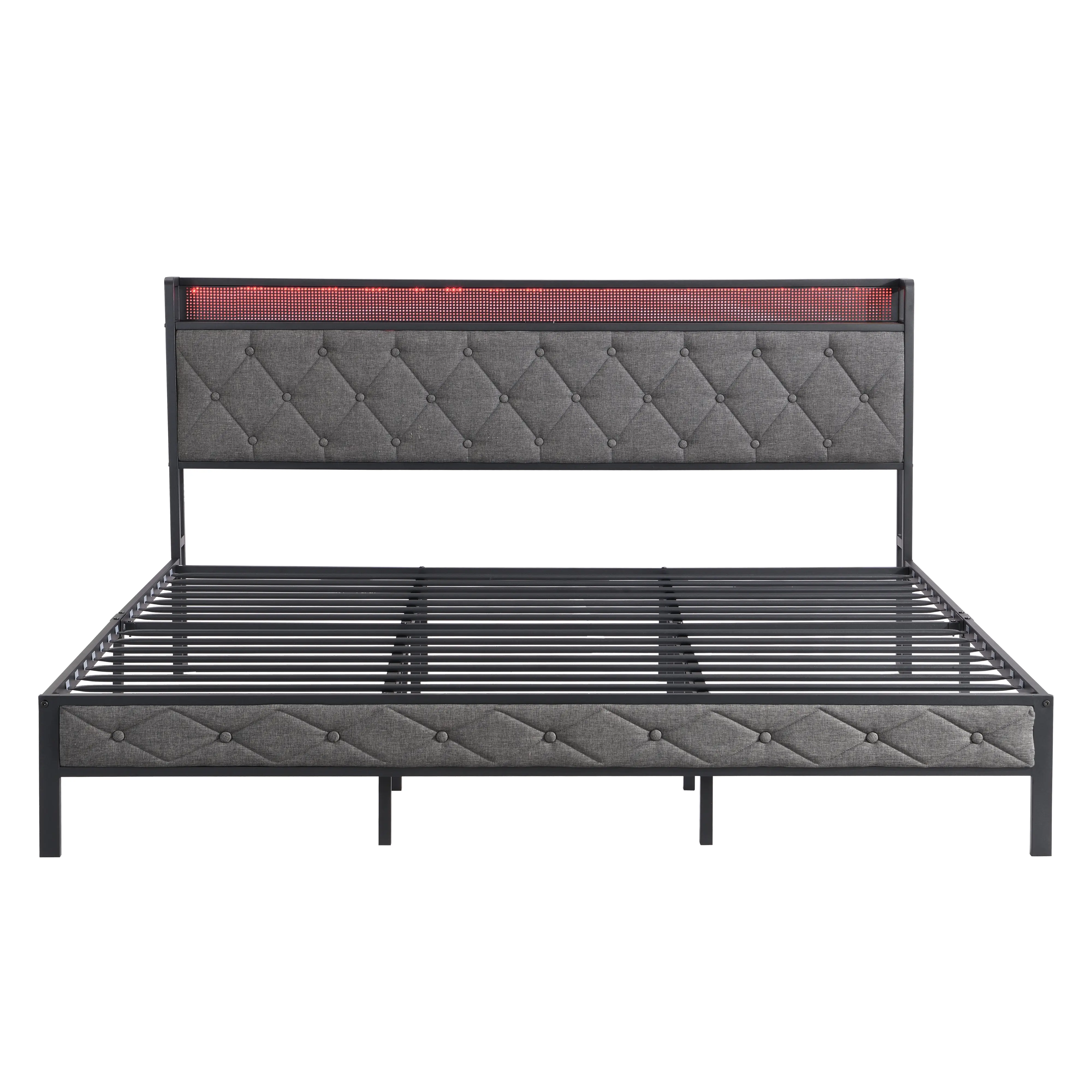 King/Queen/Full/Twin Bed Frame with Storage Headboard, Charging Station and LED Lights, Upholstered Platform Bed with Heavy Metal Slats, Noise Free, E