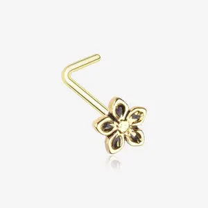 Golden Antique Violet Flower L-Shaped Nose Ring 316L Stainless Steel Gold Plated 20 GA Daily Wear Charm Piercing Jewelry