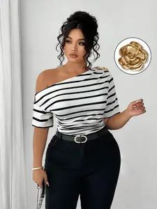 Elegant Plus Size Women's Cold Shoulder Top, Striped Casual Fitted Blouse Shirts for Daily Commute, Stylish Plain Design, Comfortable Office Wear Womenswear