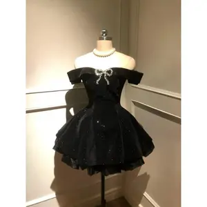 Black French Vintage Elegant Design Woman Dress Gothic Off Shoulder Retro Mini Female Fairy Birthday Party Chic Outfits Formal  Workwear Shortsleeve(Sheets)