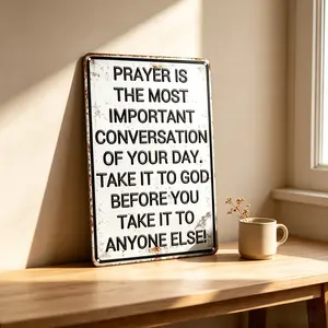 Vintage Aluminium Crucifix Home Sign - 8x12 in Christian Religious Metal Plaque, Home Decor, Prayer Room Gift with "Prayer Is The Most Important Conversation of Your Day" Quote, Crucifix Home Signs