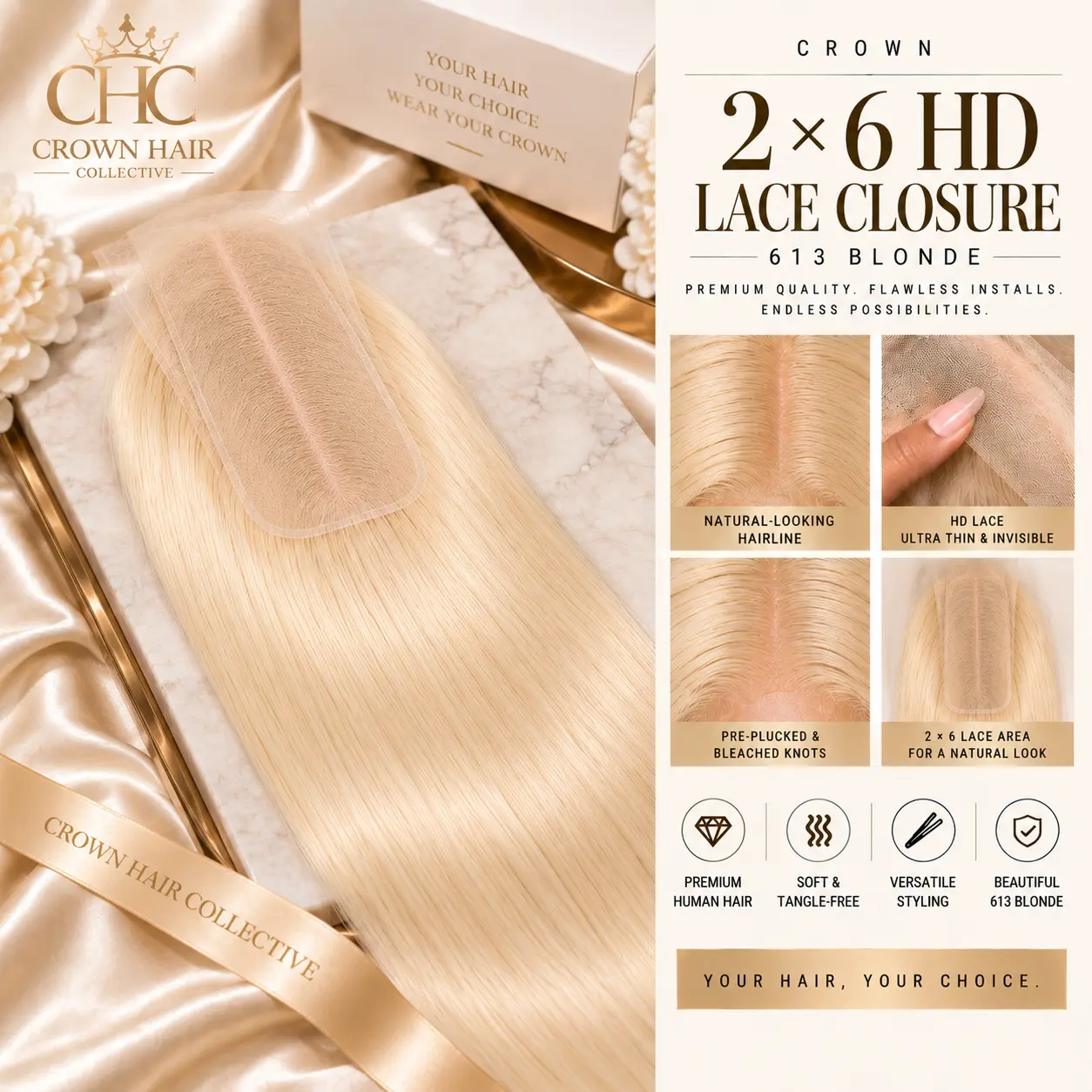 Crown 2×6 HD Lace Closure - 613 Blonde Human Hair Closure, Pre-Plucked Natural Hairline, Bleached Knots, Blonde Straight and Body Wave, 16-22 Inch