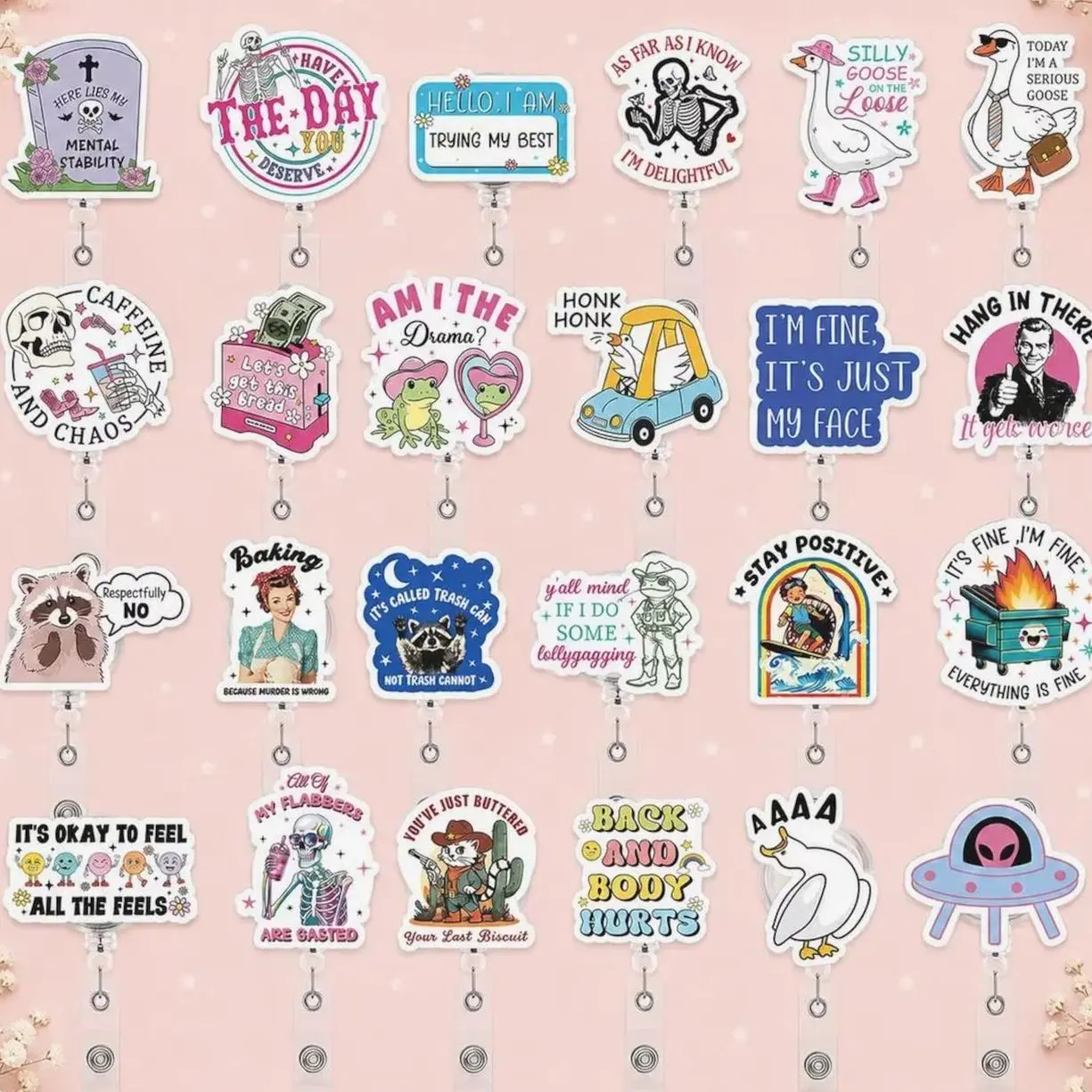 24 ops (not combo 24) Funny Acrylic Badge Reels |  Retractable ID Holders for Nurses, Teachers