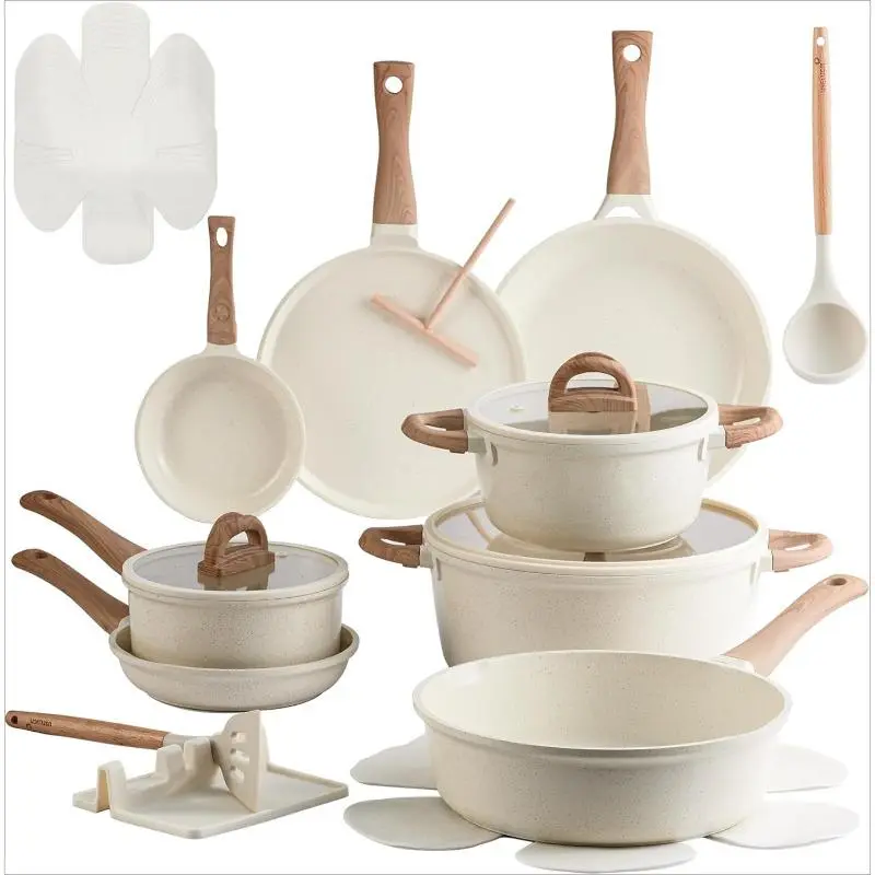 22 Pcs Pots and Pans Set Non Stick Non-Toxic Ceramic Kitchen Cookware Sets Nonstick Pot&Pan With Lid Cream White Granite Inducti