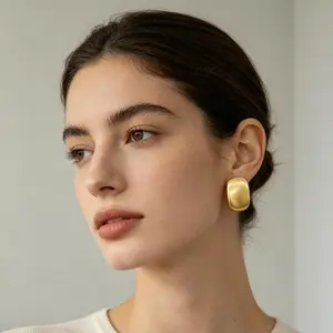 Gold Tone Brushed Rectangle Stud Earrings for Women, 304 Stainless Steel Posts, Lightweight Chunky Square Earrings, Color-Preserving Electroplated Copper Earrings for Daily Wear