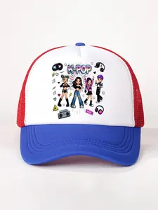 K-Pop Girl Group Cartoon Print Trucker Hat, Breathable Mesh Back Baseball Cap, Ideal for Women Fans, Concerts, Meetups, Festivals