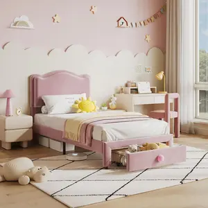 Velvet Finish Upholstered Toddler Bed Frame with Curved Silhouette, Rounded Edges, Headboard, Storage Drawer, Noise-Free Wood Slats, No Box Spring Needed, Pink