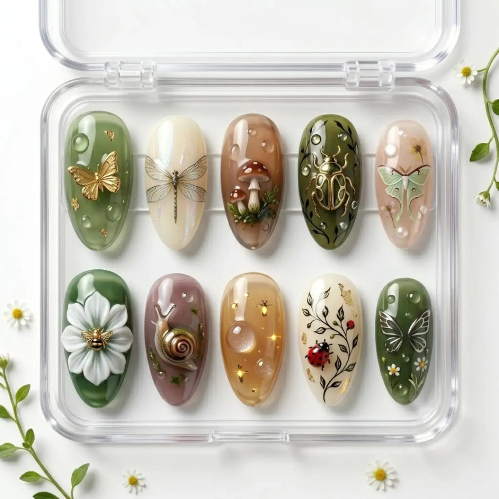 Bug Club Press On Nails, Garden Insect Nail Set, Bee Ladybug Frog Nails, Cottagecore Nails, 3D Jelly
