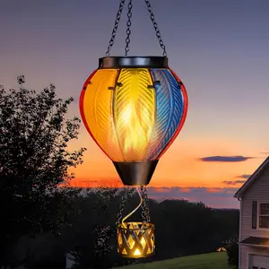 Hot Air Balloon Solar Lantern with Flickering Flame Light Outdoor Decor Solar Hanging Lights  for Garden Yard Farmhouse Patio Pathway Outside Decoration,Glass, Rainbow