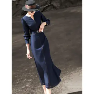 Lanser's 2025 autumn new style exudes a sense of luxury and retro style, with a slim fit and long sleeved denim dress for women