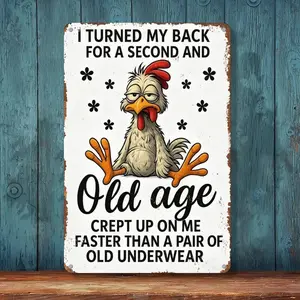 Retro Rooster Theme Metal Wall Sign - 8x12 in Aluminium Wall Art with Mount, Ideal for Kitchen, Room & Living Space Decor, Gift for Chicken Lovers