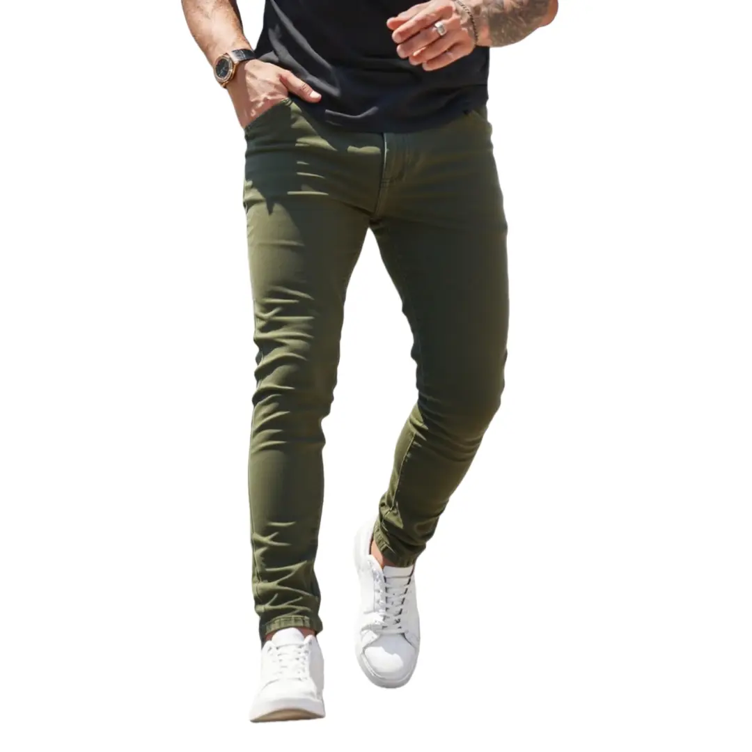 Men's Vintage Olive Green Skinny Jeans - Lightweight Slim-Fit Tapered Menswear for Casual Streetwear, Pair with Polo, Plain Shirt, Sneakers, Simple, Basic, Cotton, Street Wear, Ankle Length, All Seasons, Slim-Fitted, Tapered Cut, Shoe, Black, Tapered Legs