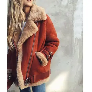 Women's Motorcycle-Style Cotton Jacket, Shearling Suede Lining Leather Coat Warm & Comfortable Sheepskin Style Cotton/Polyester Blend Fabric