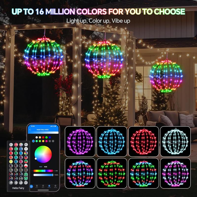 Smart LED Christmas Ball Lights 12 Inch 108 LED Foldable Color Changing Sphere Lights with App Remote Control Waterproof Outdoor Patio Tree Decor