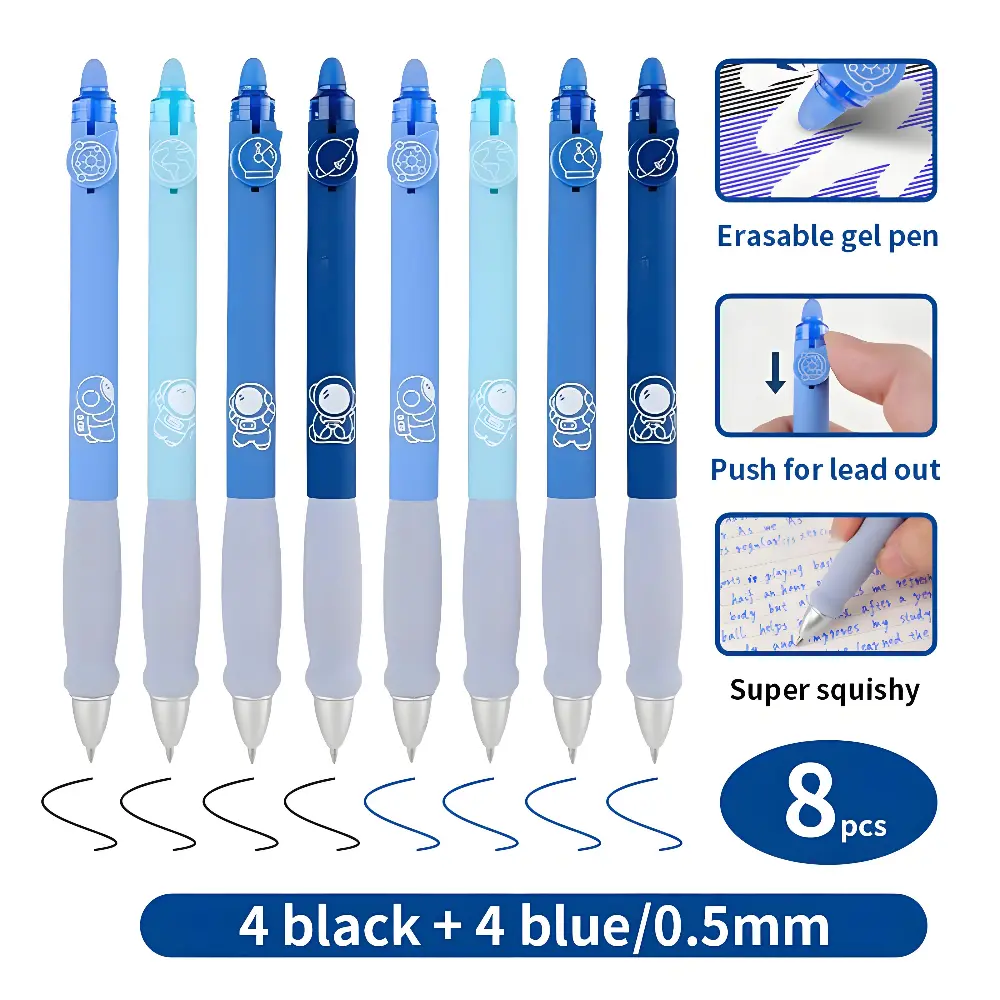 8 Pcs Erasable Gel Pens, Starry Sky Pattern, Soft Cloud Grip (Callus-Resistant), Black-Blue Dual Color, Smooth Quick-Drying Ink, Seamless Flow, Large Capacity for DIY Journaling (Office Stationery Writing Tool)