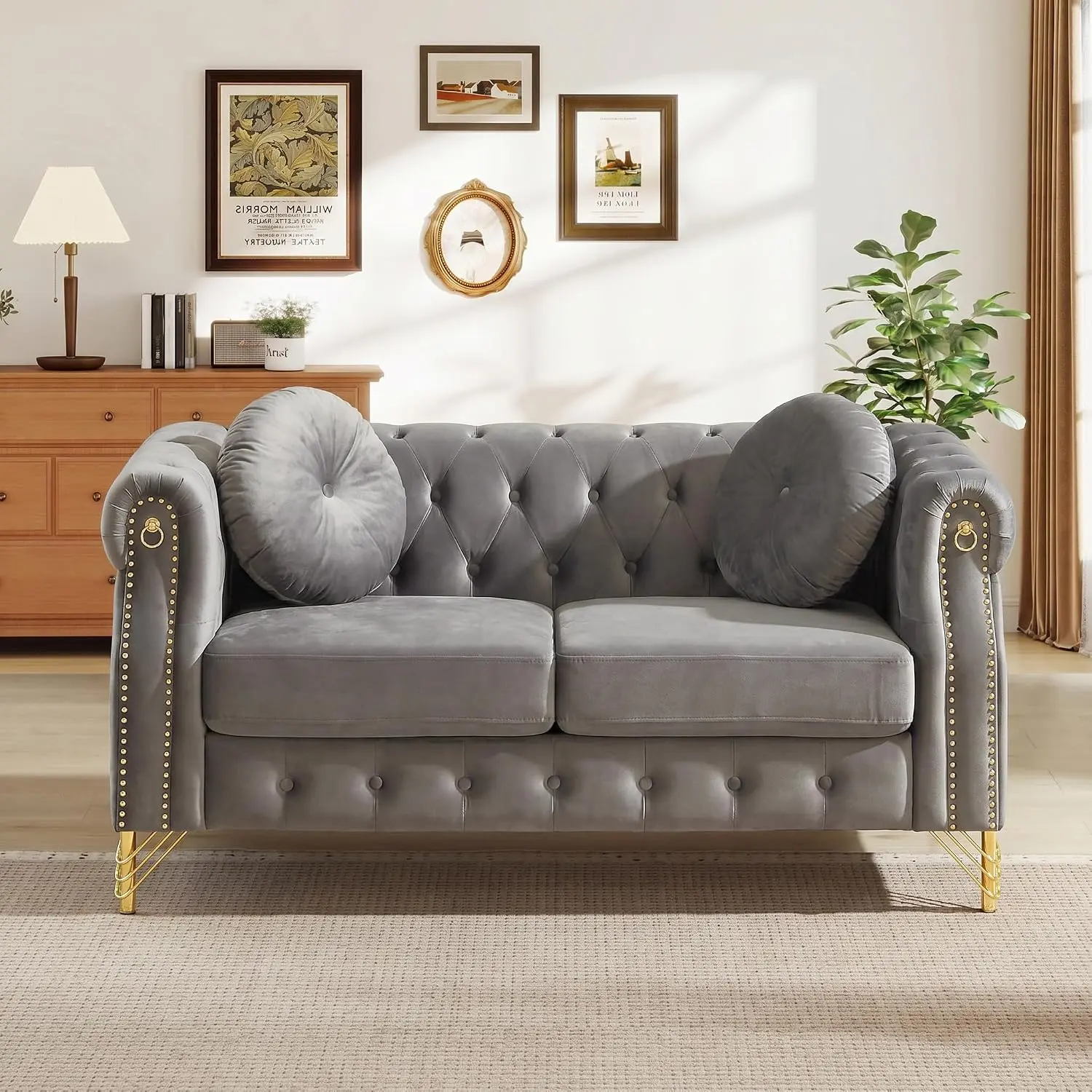 Chesterfield Sofa Velvet, Loveseat Couch Mid Century Modern Button Tufted Couch with Nailhead Trim & Gold Legs, Deep Seat Comfy Couch with Pillows for Living Room, Bedroom, Office, Apartment (60.5''W, Grey)