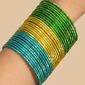 Rani Silk Dotted Metal Bangles 12 Piece Set - 2.4, 2.6, 2.8 - with Gold Accent for Eid, Weddings and Parties