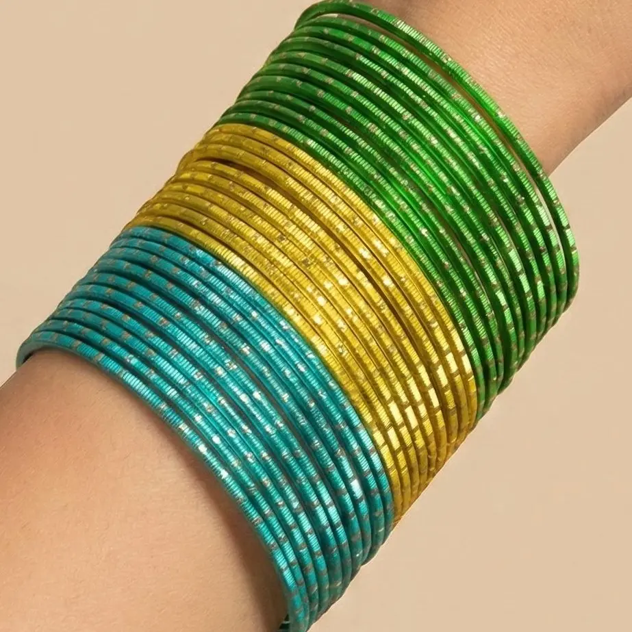 12-Piece Silk Dotted Metal Stacking Bangles Set - 2.4/2.6/2.8 Sizes, Gold Accent, Fashionable Bracelet Style, Elegant Bracelets Jewelry for Eid, Weddings