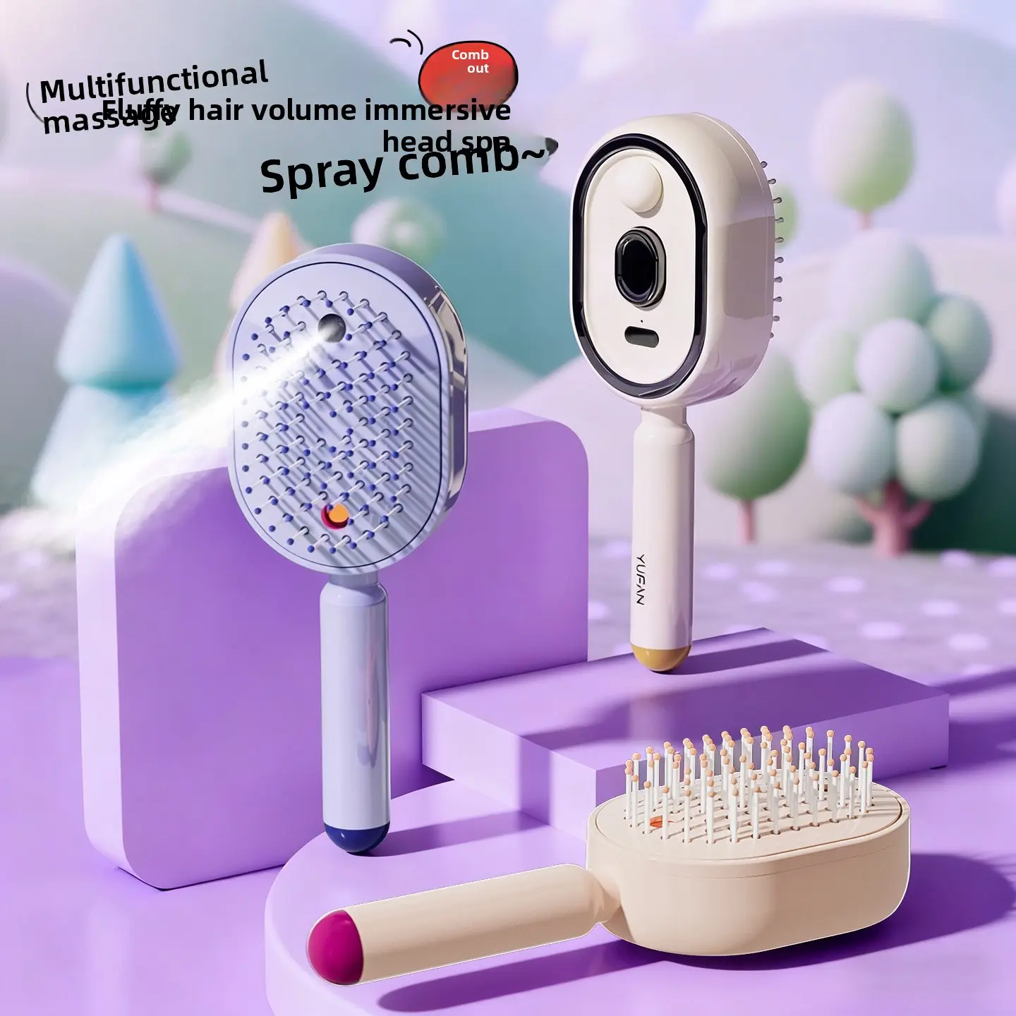 Purple 3-in-1 Refillable Electric Mist Spray Air Cushion Massage Comb - ABS (Acrylonitrile Butadiene Styrene), Adjustable Portable Retractable, Smooths Hair, Antioxidants, For Frizzy Hair Scalp Care, Everyday Use